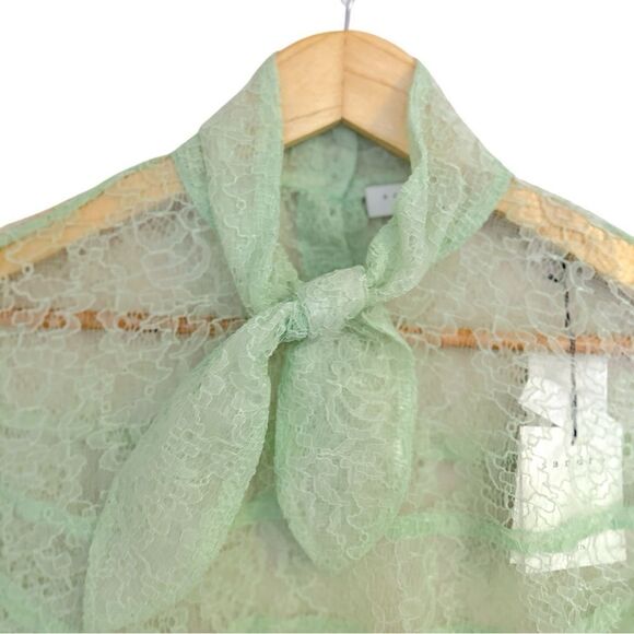 Sandro Mint Green Izzie Sheer Lace Long Sleeve Tie-Neck Blouse, Size 1 Small - Picture 9 of 15